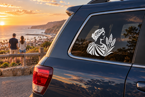 Demeter Harvest vinyl decal on car window: white goddess profile with wheat branches