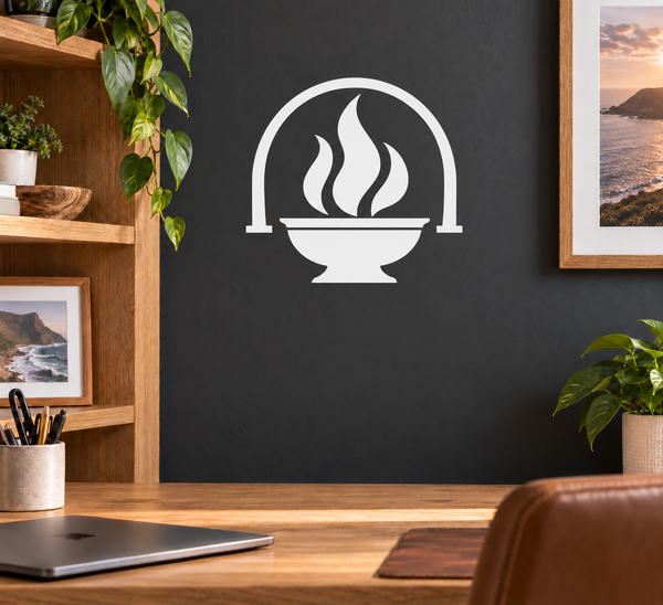 Hestia hearth flame vinyl decal, arched brazier with black flames on white