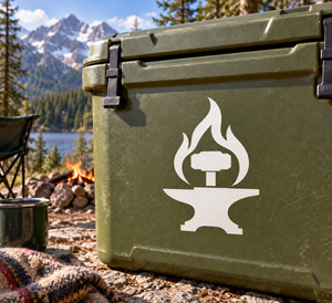 Hephaestus Forge vinyl decal, white flame-and-anvil icon on olive surface