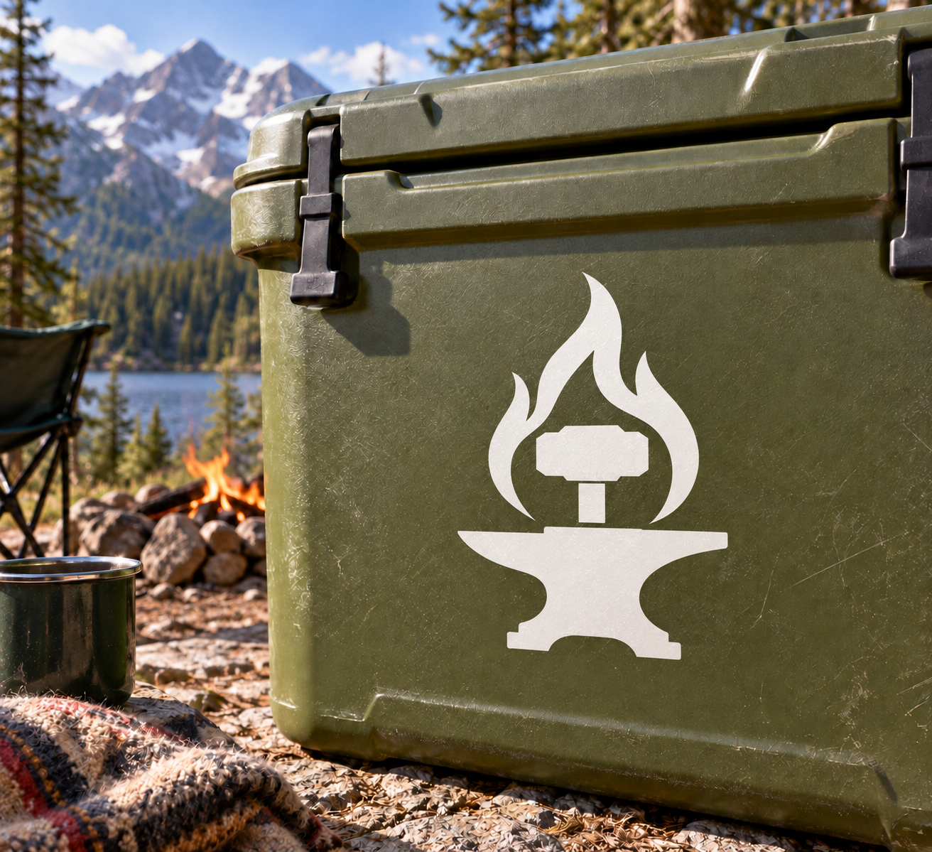 Hephaestus Forge vinyl decal, white flame-and-anvil icon on olive surface