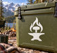 Hephaestus Forge vinyl decal, white flame-and-anvil icon on olive surface