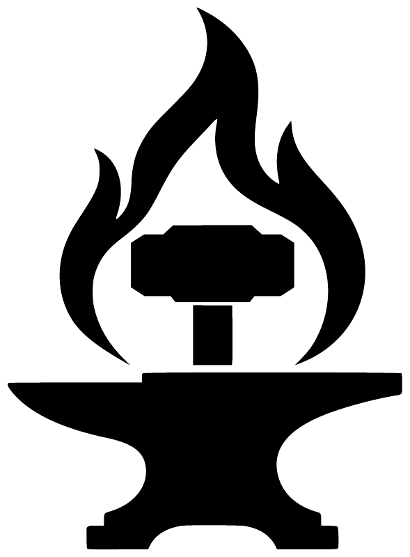 Hephaestus Forge vinyl decal, black flame with anvil and hammer icon