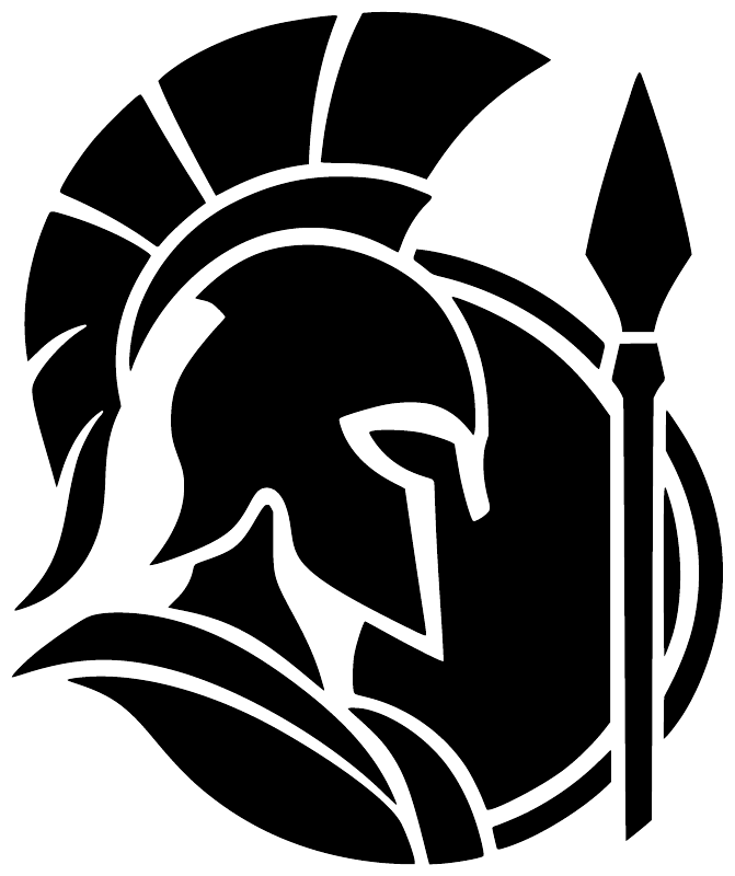 Ares battle crest vinyl decal (GreekGodCX011) close-up, black-and-white Spartan helmet emblem