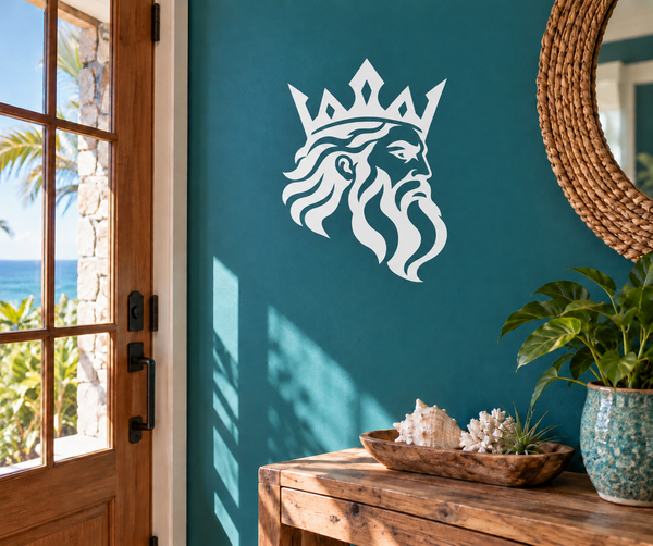 Vinyl wall decal of a crowned Greek face with flame-like hair