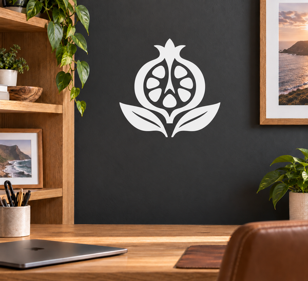 Pomegranate vinyl wall decal with two leaves, white symbol on dark background