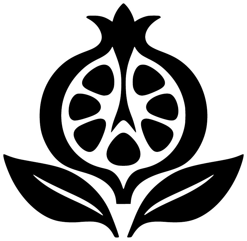 Pomegranate vinyl decal close-up, black symbol with white outline and leaf details