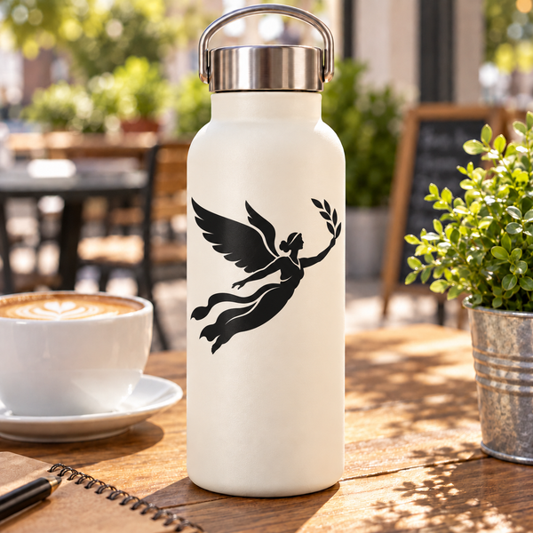 Vinyl decal showing a black winged cherub with laurel on a white water bottle