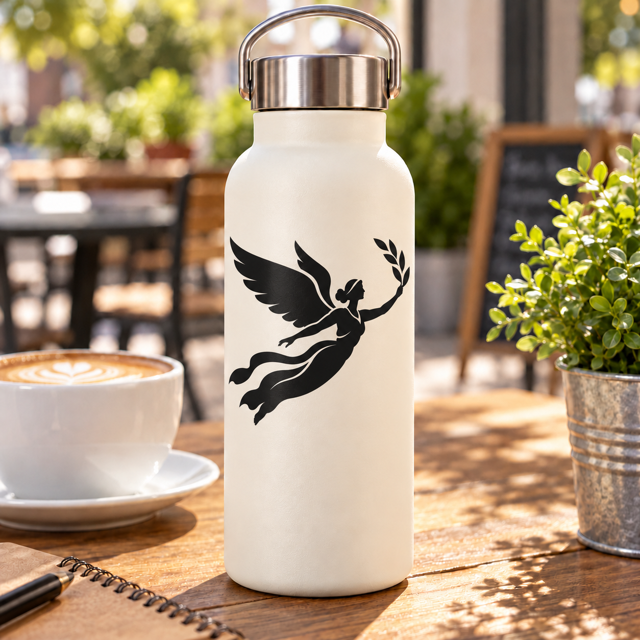 Vinyl decal showing a black winged cherub with laurel on a white water bottle