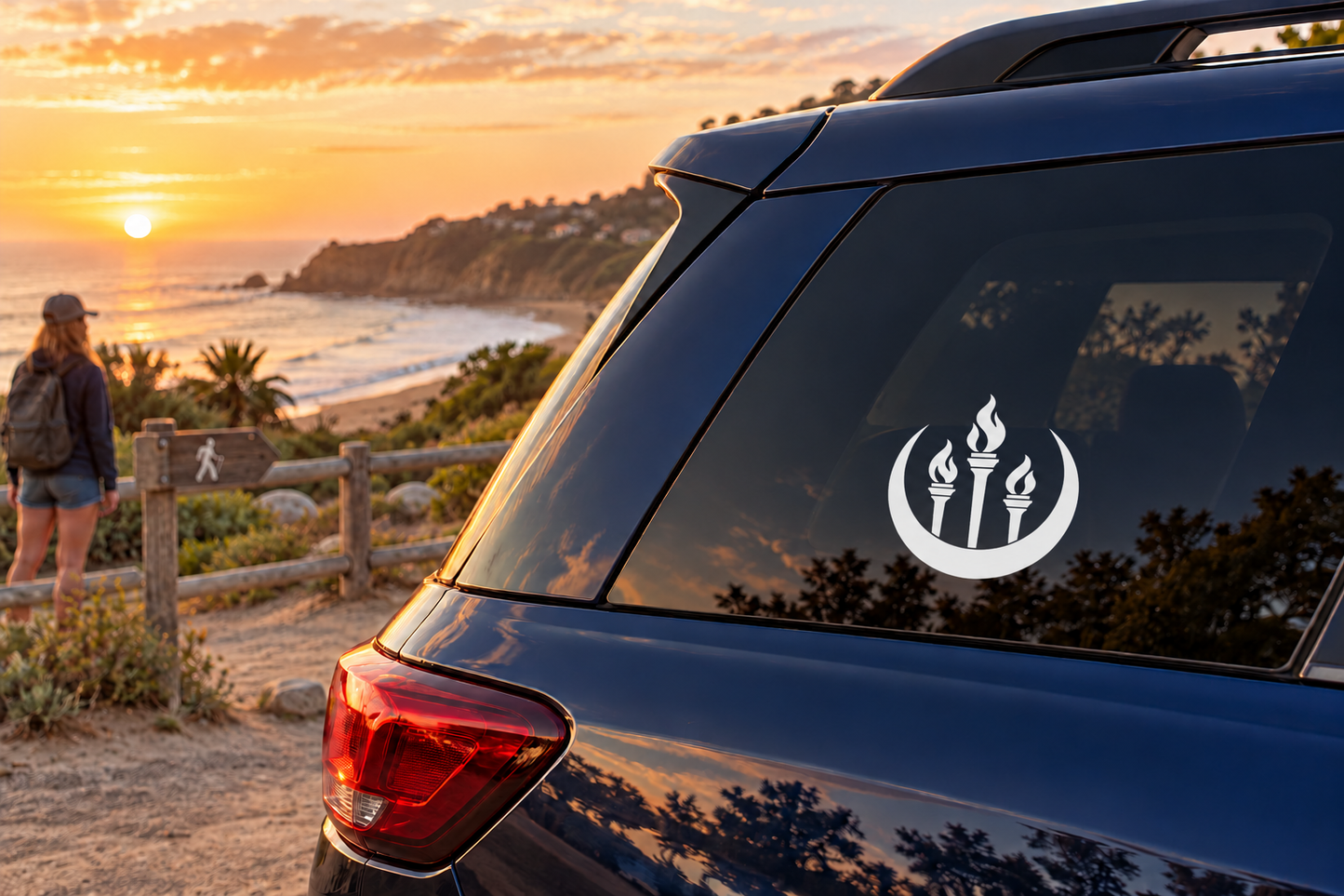Triple torch vinyl decal with flame icon on car window