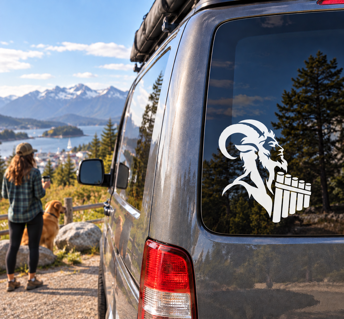 Vinyl music decal of bearded pan flutist on car rear window