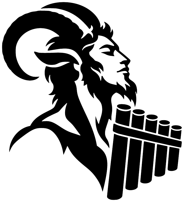 Black pan flute vinyl decal featuring profile of bearded man with instrument