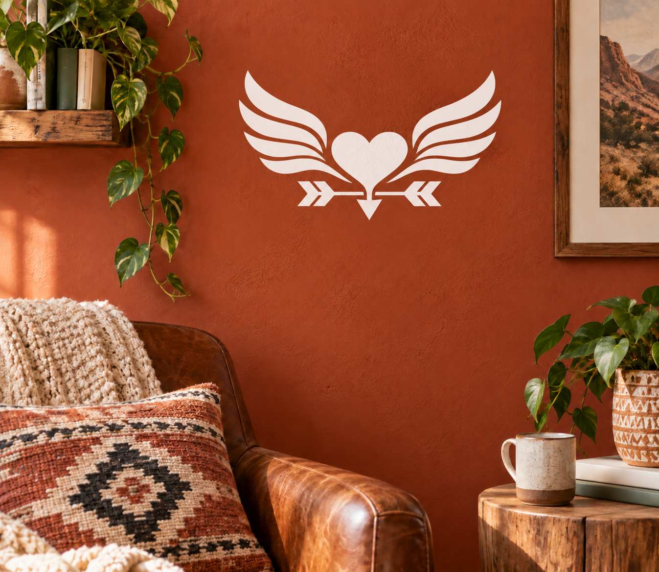 White heart with feathered wings and arrow chevrons vinyl decal