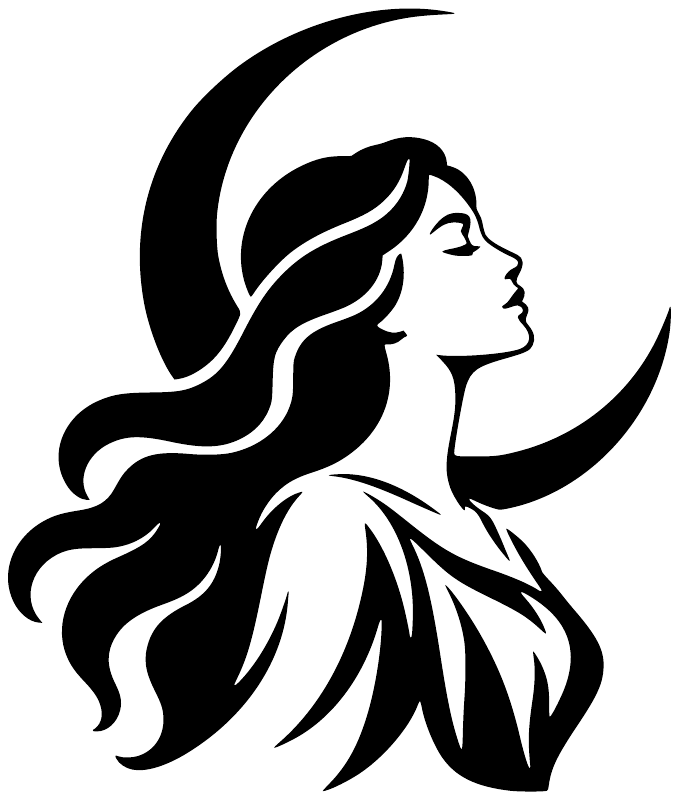 Lunar crown goddess vinyl decal silhouette with moon, black-and-white