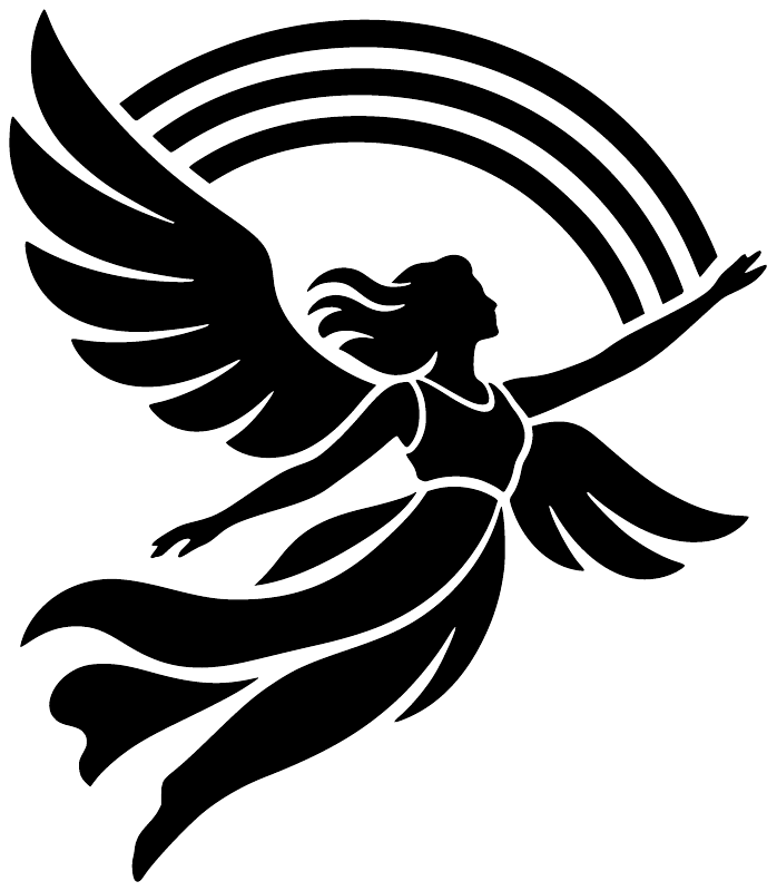 Black winged cherub vinyl decal with rainbow arc stripes