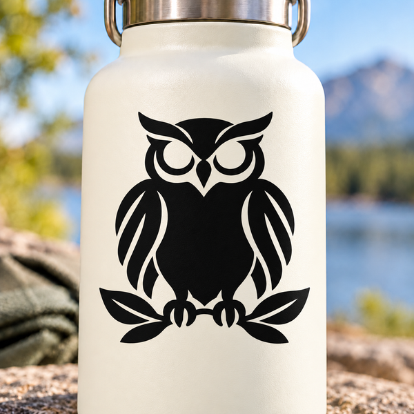 Black owl vinyl decal on light bottle, front view with wing and leaf details