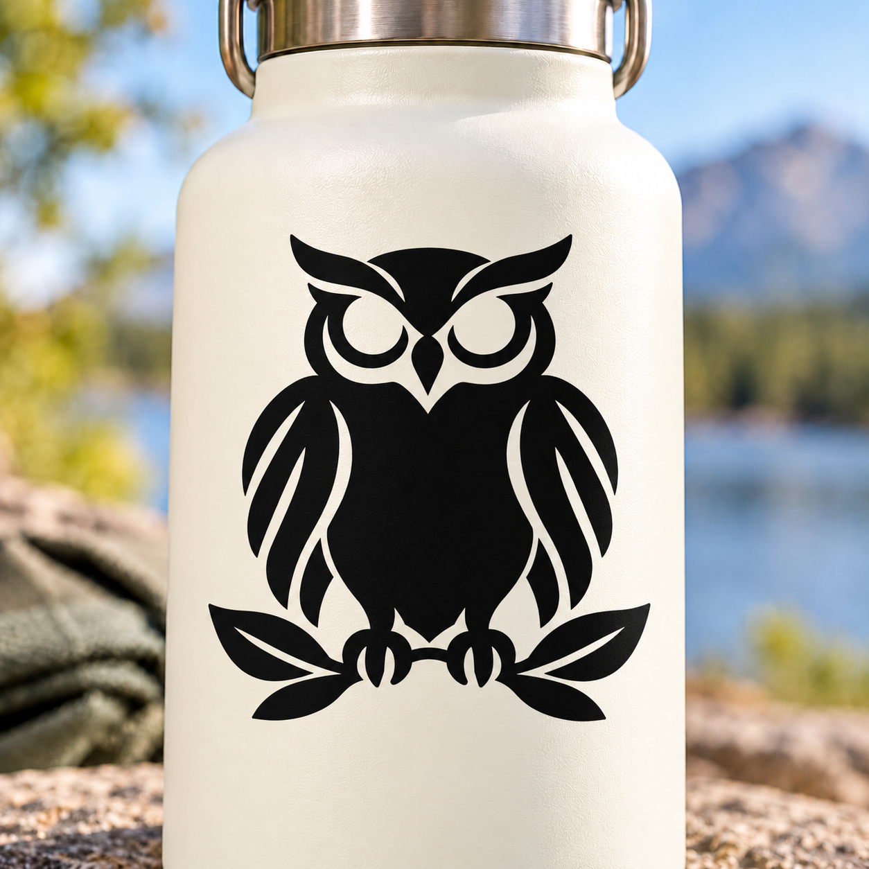 Black owl vinyl decal on light bottle, front view with wing and leaf details