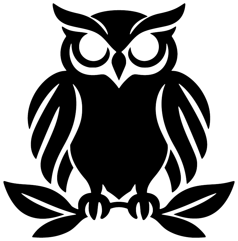 Black stylized owl vinyl decal close-up with round eyes and leaf base