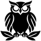 Black stylized owl vinyl decal close-up with round eyes and leaf base