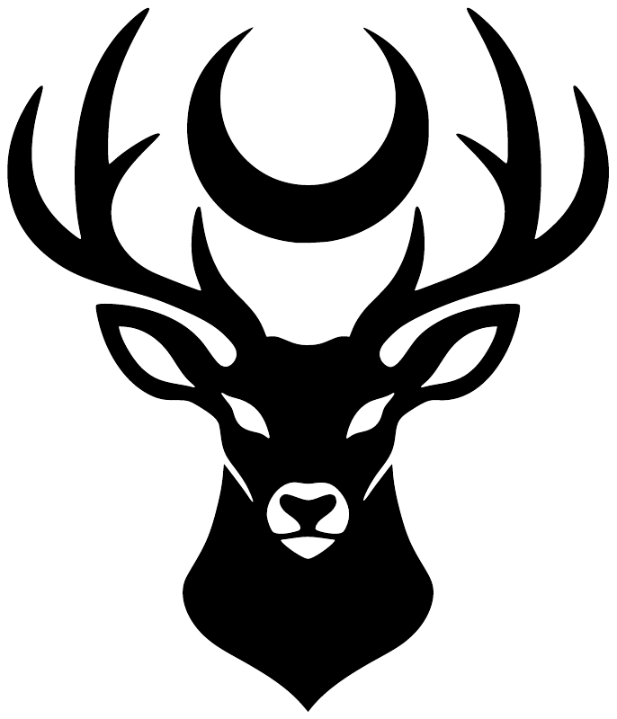Stag moon vinyl decal, black silhouette stag head with crescent moon and antlers