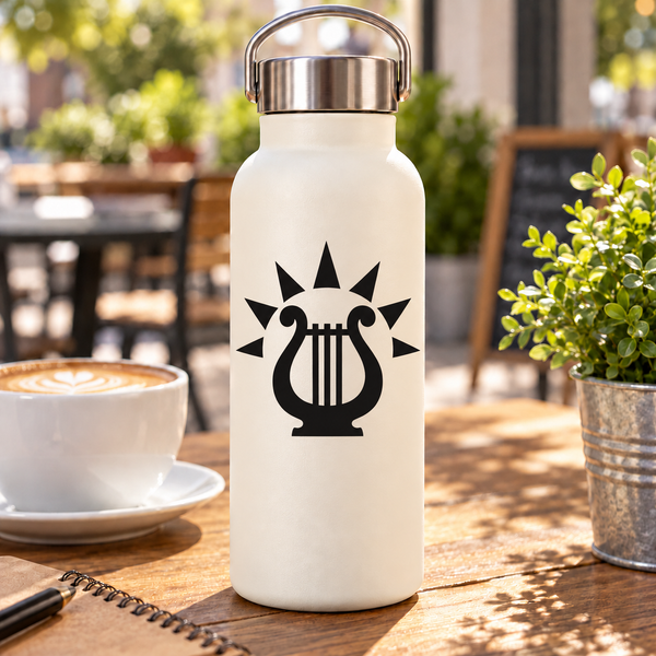 White water bottle with black Apollo sun lyre GreekGodCX029 vinyl decal