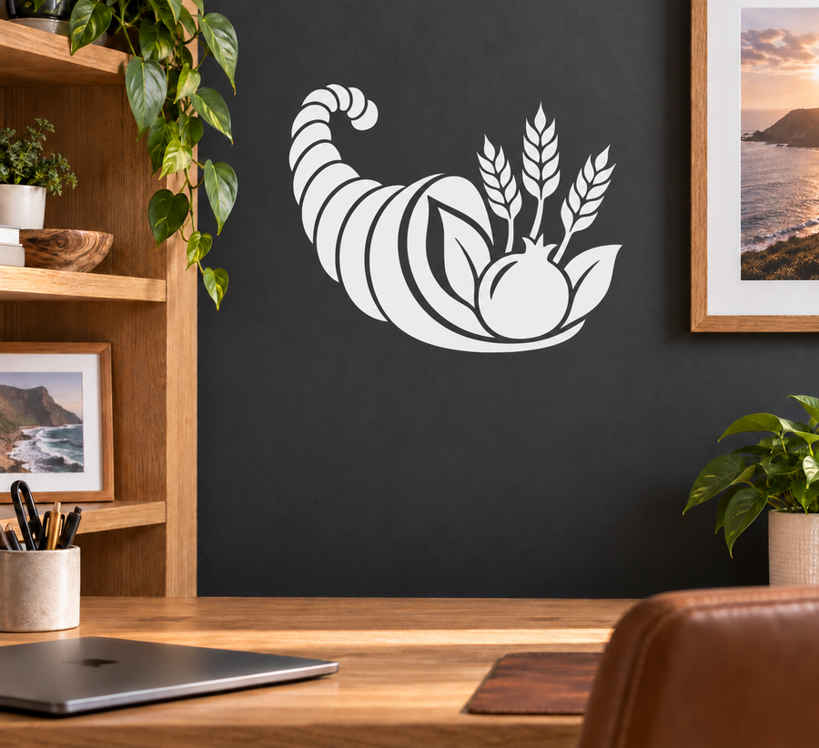 Black cornucopia vinyl wall decal with wheat and ribbon-like curves
