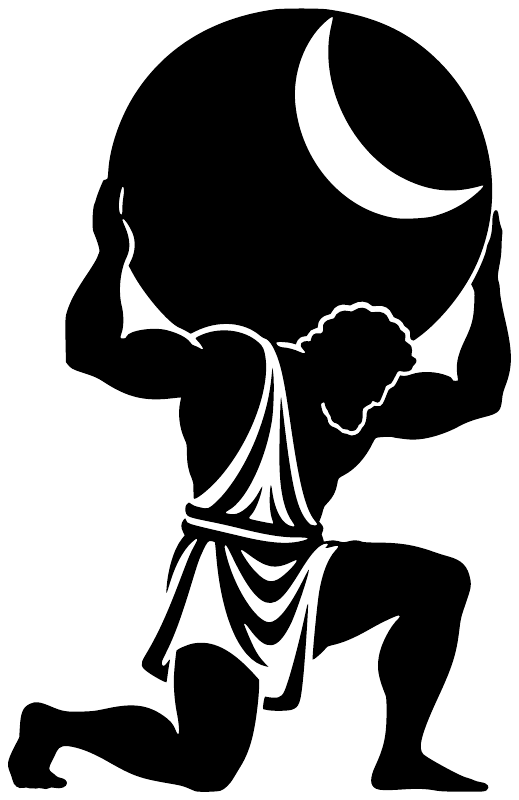 Black-and-white vinyl decal of a seated sky-bearer with moon and cape