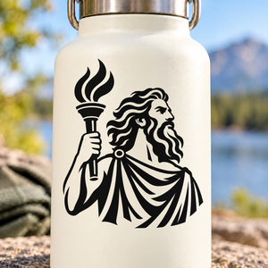 Vinyl decal of Prometheus holding a flaming torch with a bearded profile