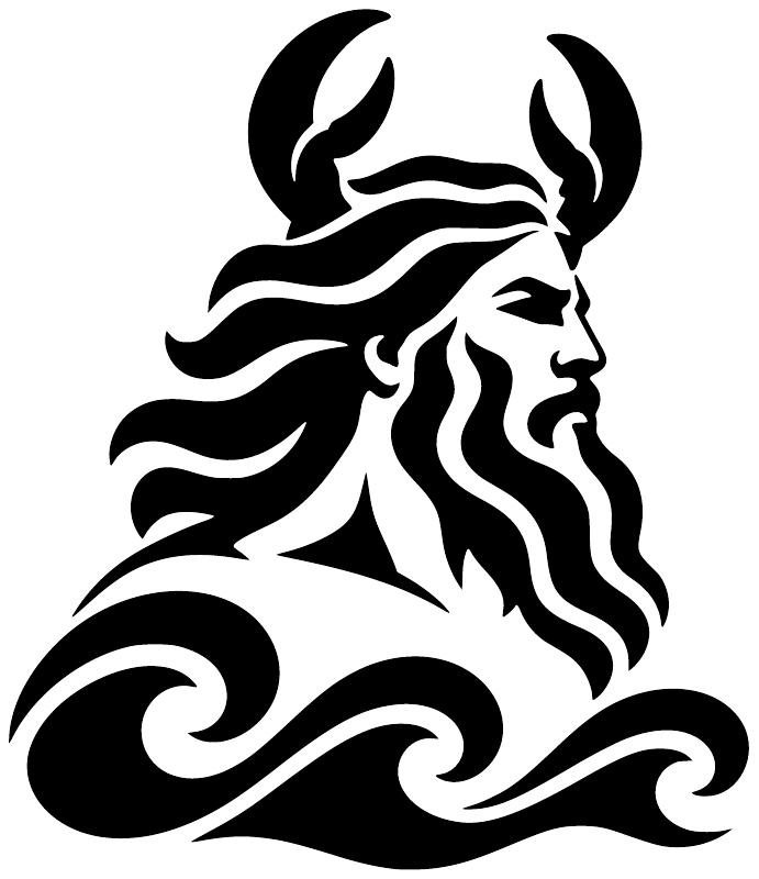 Vinyl decal graphic GreekTitanCX004: black crowned face with flame motifs and waves