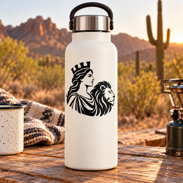 White bottle with black guardian vinyl decal: woman profile with lion head