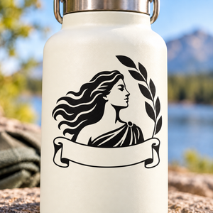 Black Greek goddess profile vinyl decal with laurel leaves and banner