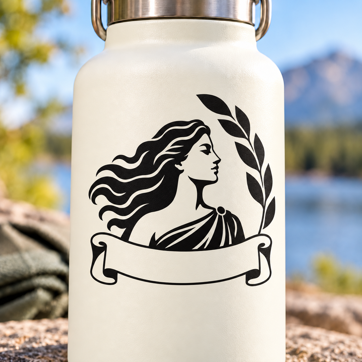 Black Greek goddess profile vinyl decal with laurel leaves and banner