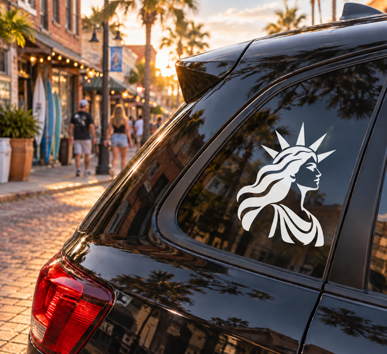 Car vinyl decal with white Greek goddess head and spiked crown on dark window