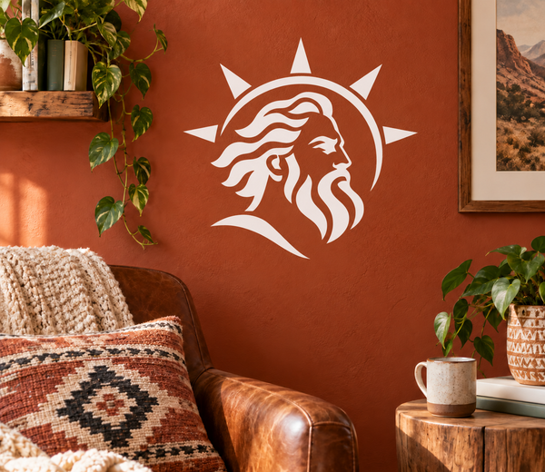 Vinyl decal of a white bearded face inside a sunburst crest with rays
