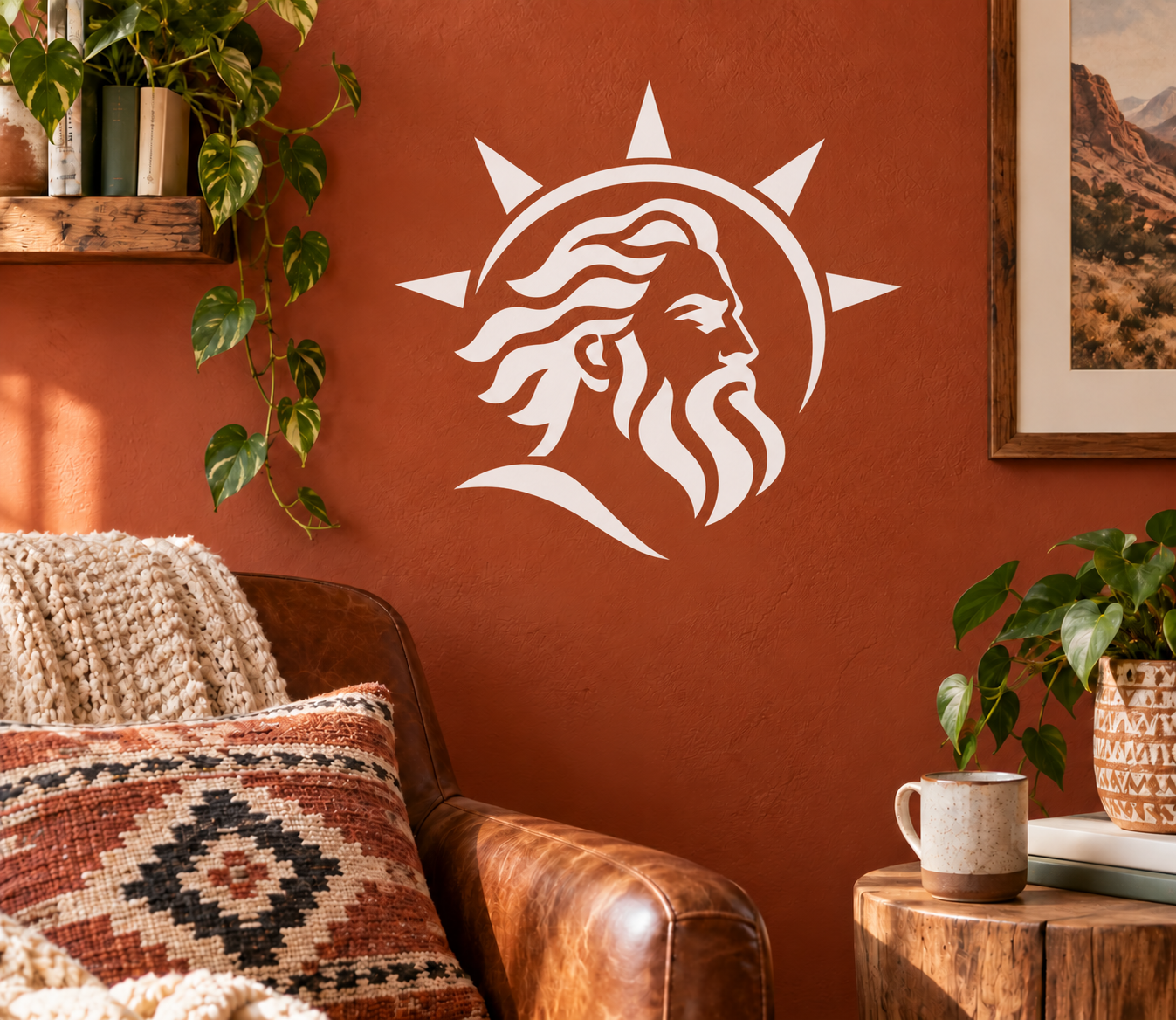 Vinyl decal of a white bearded face inside a sunburst crest with rays
