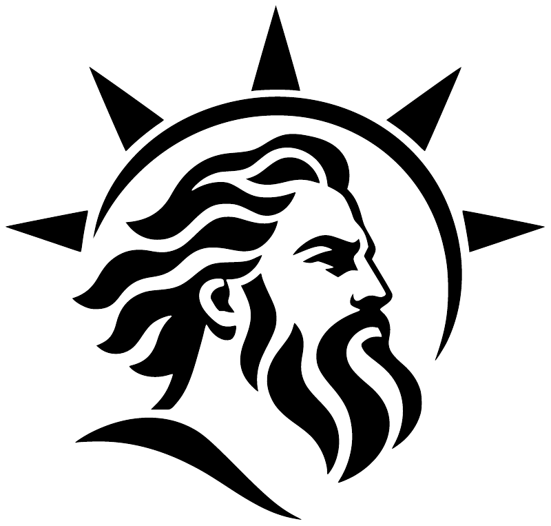 Black-and-white vinyl decal featuring a bearded profile in a sun crest