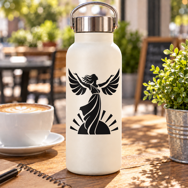 Winged Greek-themed vinyl decal, black silhouette on light bottle