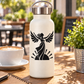 Winged Greek-themed vinyl decal, black silhouette on light bottle