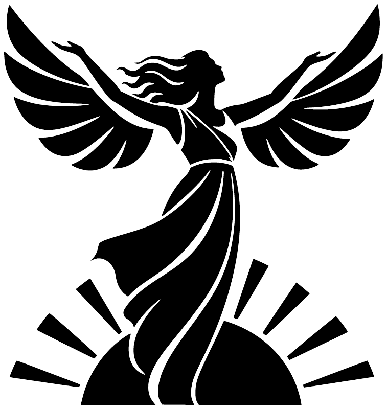 Winged Greek-themed vinyl decal, black silhouette of woman with rays on white
