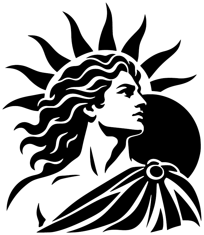 Solar profile vinyl decal close-up of Greek sun-goddess profile, black on white background.