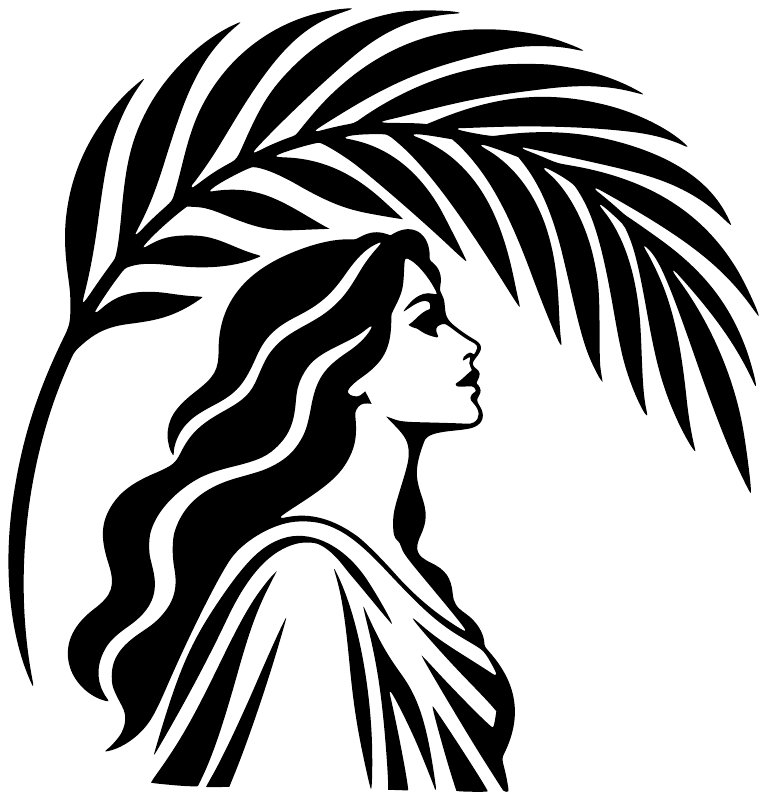 Vinyl decal graphic of woman profile with palm fronds, black and white