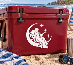 White night crest vinyl decal with a goddess silhouette holding a star and sparkles.