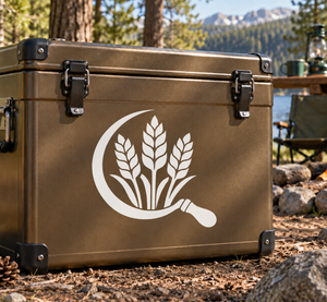 White wheat and sickle vinyl decal with circular emblem on dark surface