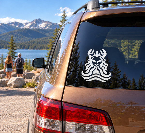 Greek-style beard vinyl decal for car: roaring face with flame waves, black/white