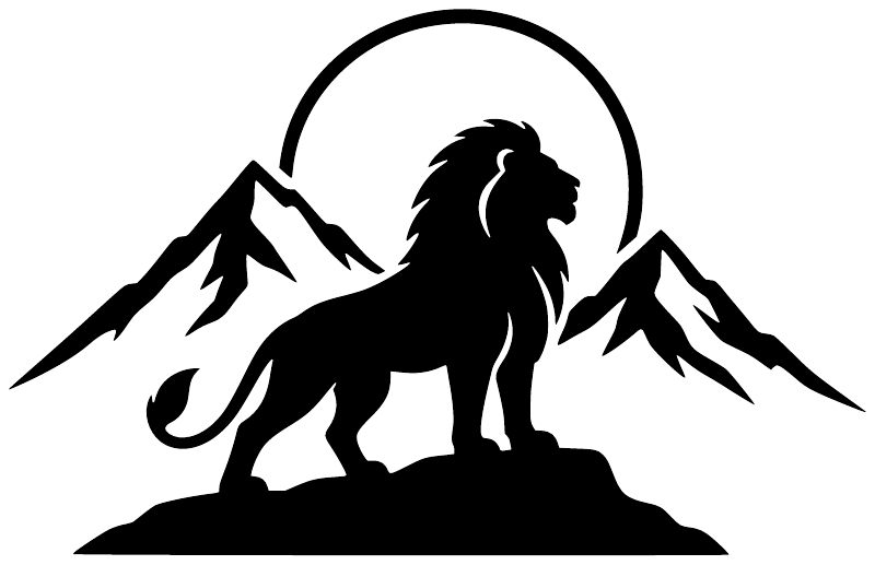 Black mountain lion decal with wings and mountains inside a circular outline