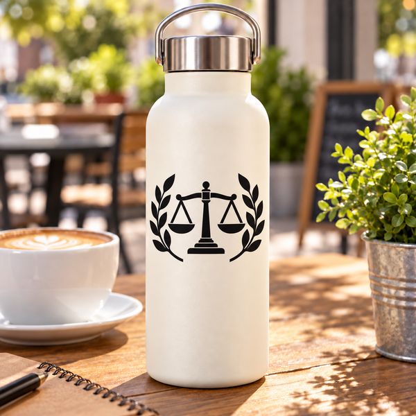 Vinyl decal featuring black laurel wreath and centered Greek balance scale icon