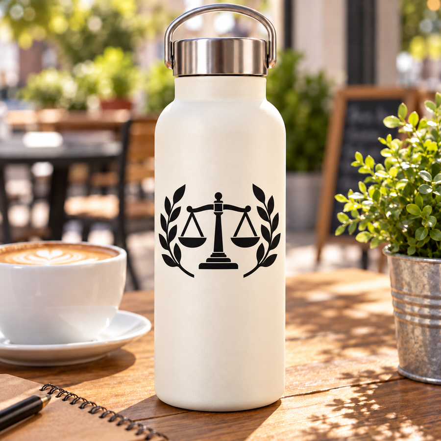 Vinyl decal featuring black laurel wreath and centered Greek balance scale icon