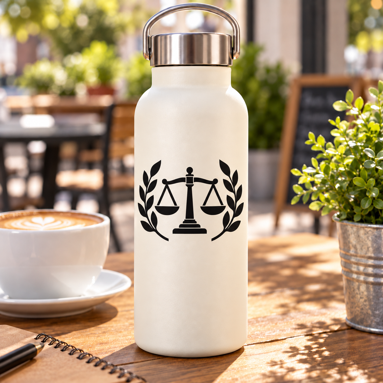 Vinyl decal featuring black laurel wreath and centered Greek balance scale icon