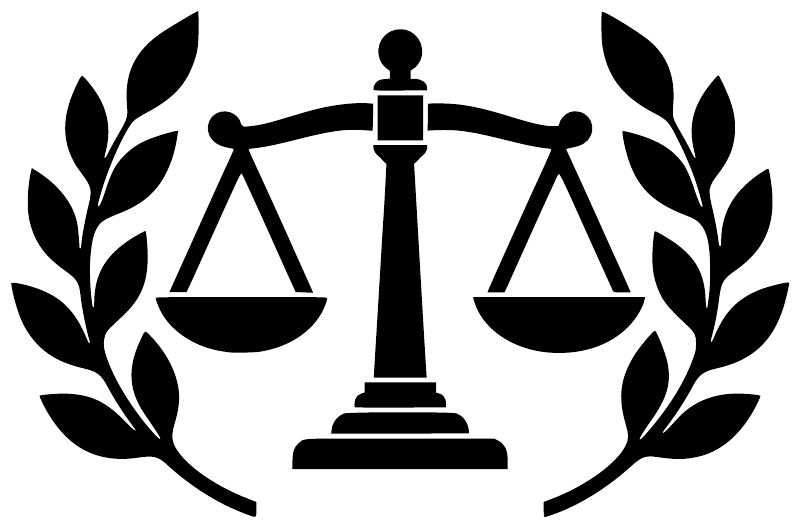 Vinyl decal closeup: black laurel wreath framing balance scale icon