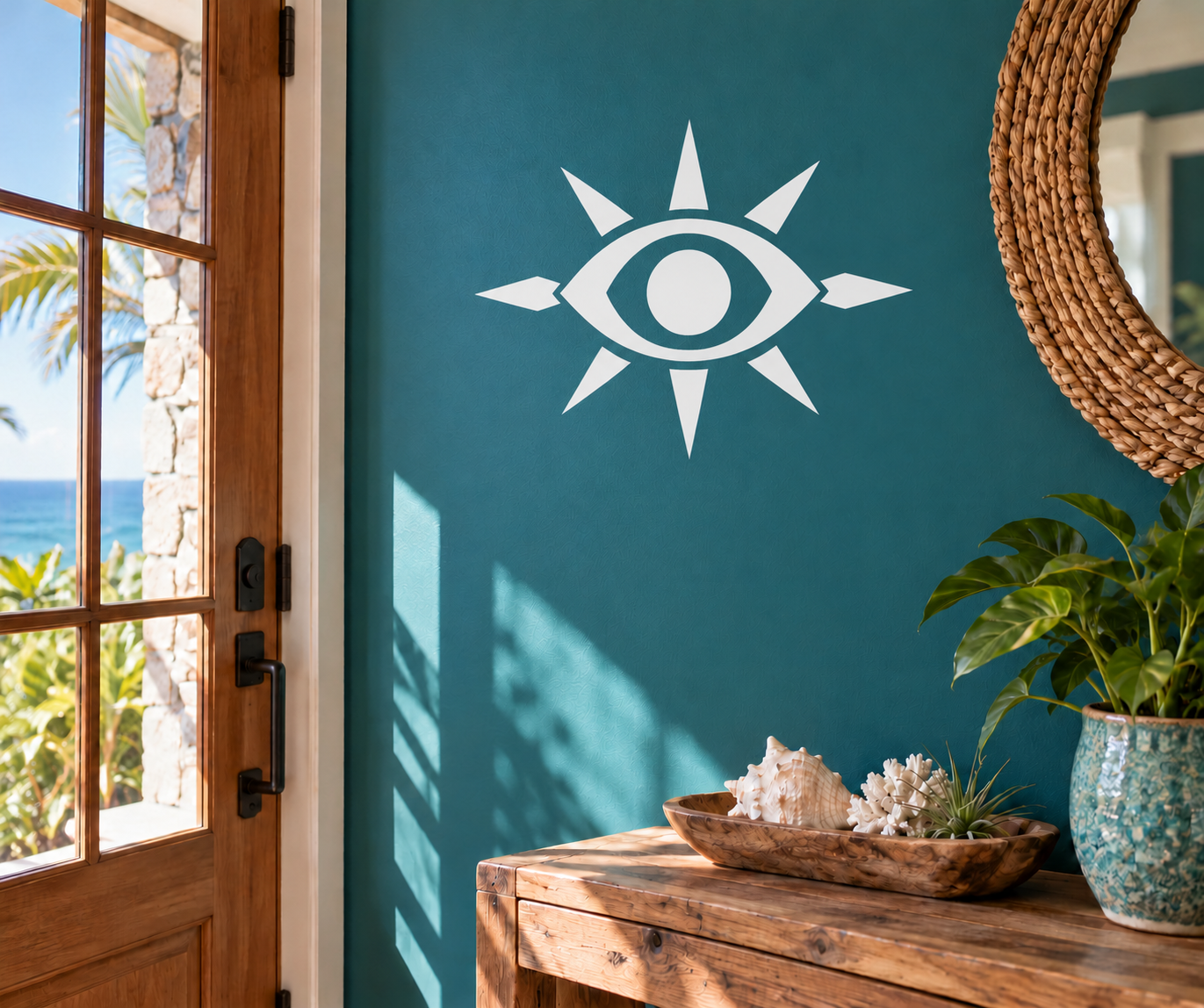Greek eye vinyl decal with white sunburst and central eye icon on teal surface
