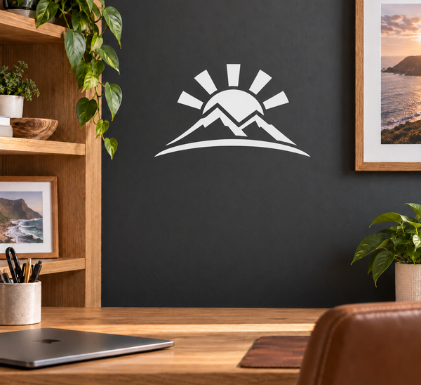 Black-and-white vinyl decal with sunrise rays and mountain peaks, GreekTitanCX024